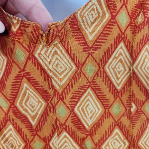 Vintage 70s Drop Waist Maxi Dress Womens Size S Orange Cotton Flowy Diamond - Picture 7 of 7